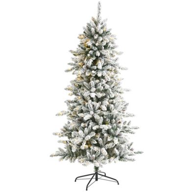 Nearly Natural 6 ft. Flocked Livingston Fir Artificial Christmas Tree with Pine Cones and Clear Warm LED Lights
