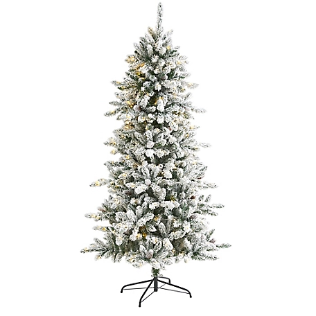 Nearly Natural 6 ft. Flocked Livingston Fir Artificial Christmas Tree with Pine Cones and Clear Warm LED Lights