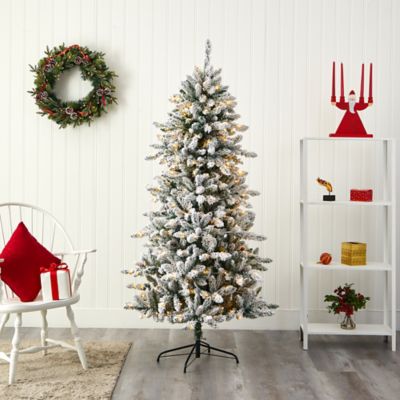 Image showing  6 ft. Pre-Lit Flocked Livingston Fir Artificial Christmas Tree with Pine Cones and Clear Warm LED Lights