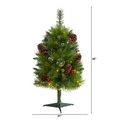 Image showing  3 ft. Pre-Lit Montana Mixed Pine Artificial Christmas Tree with Pine Cones and Berries, Clear LED Lights