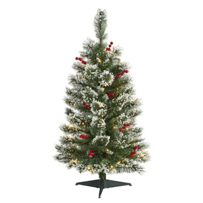 Nearly Natural 3 ft. Frosted Swiss Pine Artificial Christmas Tree with Clear LED Lights and Berries