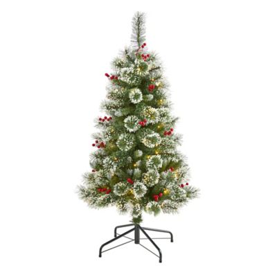 Nearly Natural 4 ft. Frosted Swiss Pine Artificial Christmas Tree with Clear LED Lights and Berries