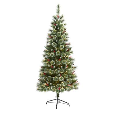 Nearly Natural 6 ft. Frosted Swiss Pine Artificial Christmas Tree with Clear LED Lights and Berries