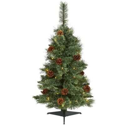 Nearly Natural 3 ft. Pre-Lit White Mountain Pine Artificial Christmas Tree with Pine Cones, Clear LED Lights