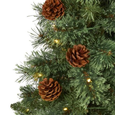 Image showing  3 ft. Pre-Lit White Mountain Pine Artificial Christmas Tree with Pine Cones, Clear LED Lights