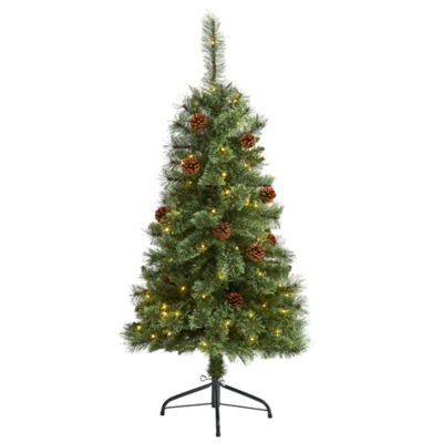 Nearly Natural 4 ft. White Mountain Pine Artificial Christmas Tree with Clear LED Lights and Pine Cones