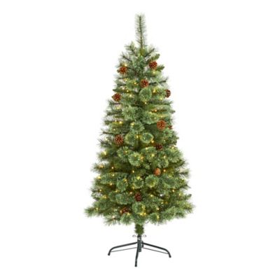 Nearly Natural 5 ft. White Mountain Pine Artificial Christmas Tree with Clear LED Lights and Pine Cones