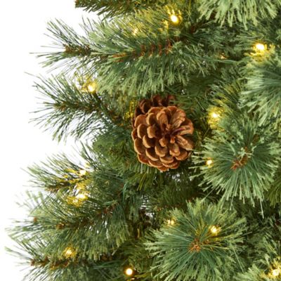 Image showing 2 th Nearly Natural 5 ft. White Mountain Pine Artificial Christmas Tree with Clear LED Lights and Pine Cones