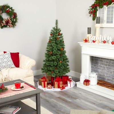 Image showing 6 th Nearly Natural 5 ft. White Mountain Pine Artificial Christmas Tree with Clear LED Lights and Pine Cones