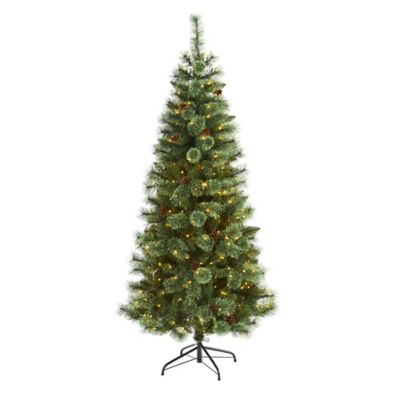 Nearly Natural 6 ft. White Mountain Pine Artificial Christmas Tree with 300 Clear LED Lights and Pine Cones