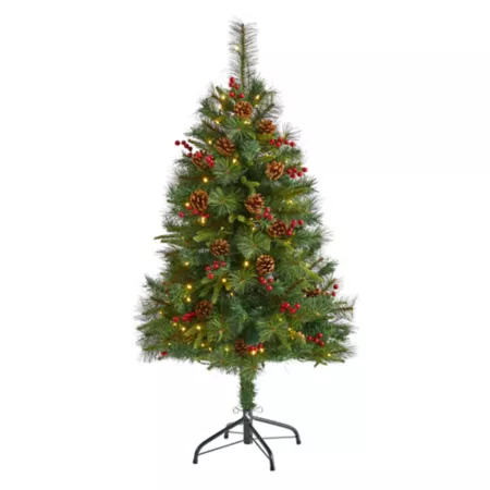 Nearly Natural 4-Foot Mixed Pine Artificial Christmas Tree with Clear LED Lights Pine Cones and Berries Artificial Christmas Trees