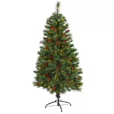 Nearly Natural 5-Foot Mixed Pine Artificial Christmas Tree with Clear LED Lights Pine Cones and Berries Artificial Christmas Trees