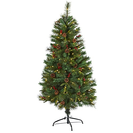 Nearly Natural 5 ft. Mixed Pine Artificial Christmas Tree with Clear LED Lights, Pine Cones and Berries