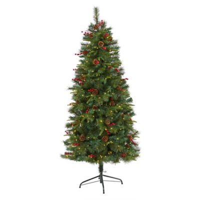 Nearly Natural 6 ft. Pre-Lit Mixed Pine Artificial Christmas Tree with 250 Clear LED Lights, Pine Cones and Berries