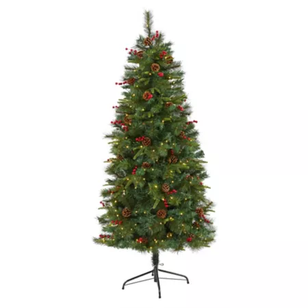 Nearly Natural 6-Foot Pre-Lit Mixed Pine Artificial Christmas Tree with 250 Clear LED Lights Pine Cones and Berries Artificial Christmas Trees