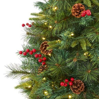 Image showing  6 ft. Pre-Lit Mixed Pine Artificial Christmas Tree with 250 Clear LED Lights, Pine Cones and Berries