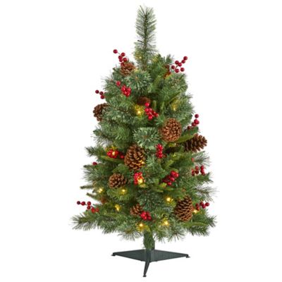 Nearly Natural 3 ft. Norway Mixed Pine Artificial Christmas Tree with Clear LED Lights, Pine Cones and Berries