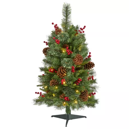 Nearly Natural 3-Foot Norwegian Mixed Pine Artificial Christmas Tree with Clear LED Lights Pine Cones and Berries Artificial Christmas Trees