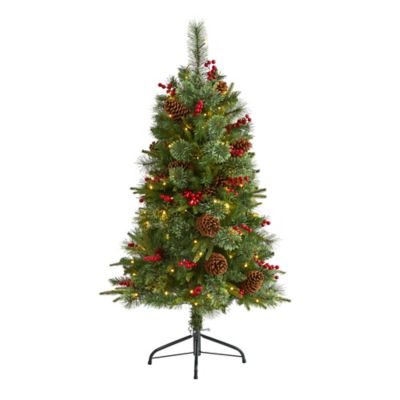 Nearly Natural 4 ft. Norway Mixed Pine Artificial Christmas Tree with Clear LED Lights, Pine Cones and Berries