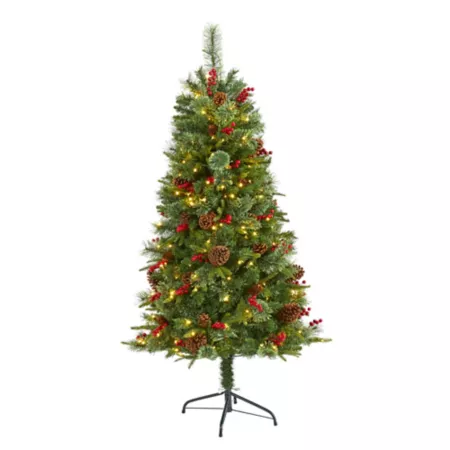 Nearly Natural 5 ft Mixed Norway Pine Artificial Christmas Tree with Clear LED Lights Pine Cones and Berries Artificial Christmas Trees