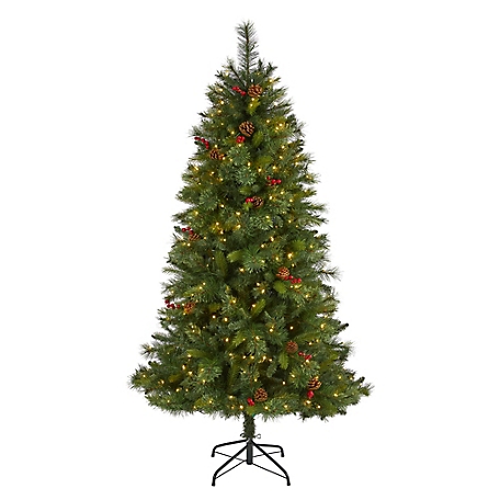 Nearly Natural 6 ft. Aberdeen Spruce Artificial Christmas Tree with Clear LED Lights, Pine Cones and Red Berries