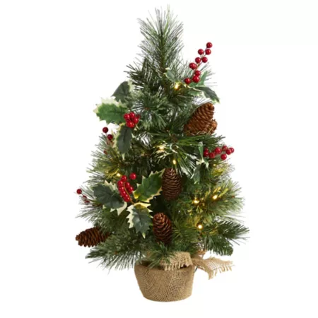 Nearly Natural 18" Mixed Pine Artificial Christmas Tree with Holly Berries Pine Cones Clear LED Lights and Base Artificial Christmas Trees