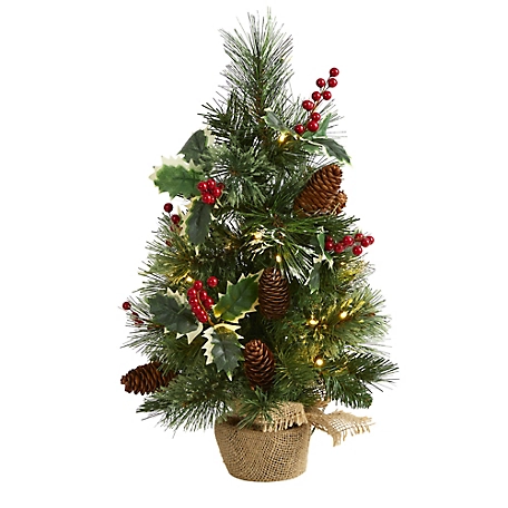 Nearly Natural 18 in. Mixed Pine Artificial Christmas Tree with Holly Berries, Pine Cones, Clear LED Lights and Base