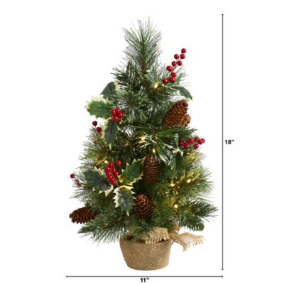 Image showing  18 in. Pre-Lit Mixed Pine Artificial Christmas Tree with Holly Berries and Pine Cones, Clear LED Lights