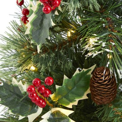 Image showing  18 in. Pre-Lit Mixed Pine Artificial Christmas Tree with Holly Berries and Pine Cones, Clear LED Lights