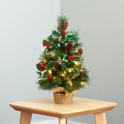 Image showing  18 in. Pre-Lit Mixed Pine Artificial Christmas Tree with Holly Berries and Pine Cones, Clear LED Lights