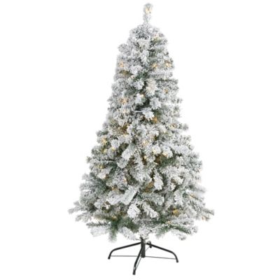Nearly Natural 5 ft. Flocked Rock Springs Spruce Artificial Christmas Tree with Clear LED Lights