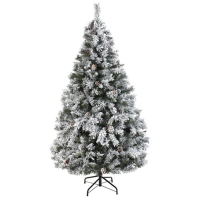 Nearly Natural 6 ft. Flocked White River Mountain Pine Artificial Christmas Tree with Pine Cones