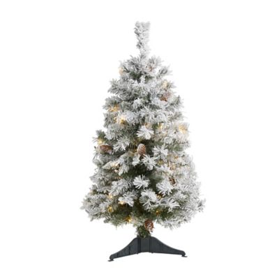 Nearly Natural 3 ft. Flocked White River Mountain Pine Artificial Christmas Tree with Pine Cones and Clear LED Lights