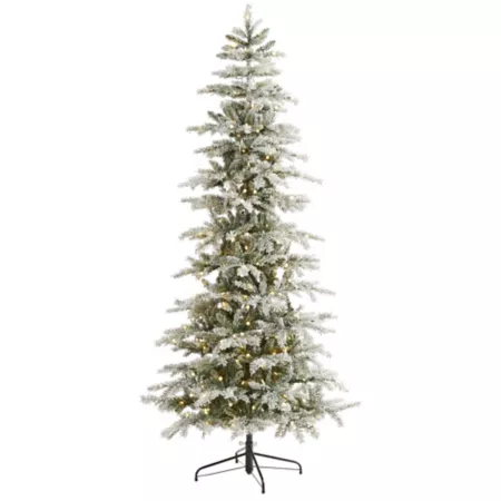 7.5 ft Slim Flocked Nova Scotia Spruce Artificial Christmas Tree with LED Lights and Bendable Branches Nearly Natural Artificial Christmas Trees