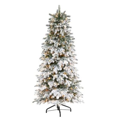 Nearly Natural 6 ft. Flocked North Carolina Fir Artificial Christmas Tree with Warm White Lights and Bendable Branches