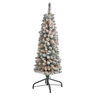 Nearly Natural 4 ft. Flocked Pencil Artificial Christmas Tree with Clear LED Lights and Bendable Branches