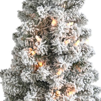 Image showing  4 ft. Flocked Pencil Artificial Christmas Tree with Clear LED Lights and Bendable Branches
