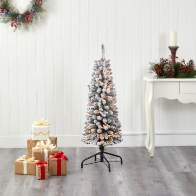 Image showing  4 ft. Flocked Pencil Artificial Christmas Tree with Clear LED Lights and Bendable Branches