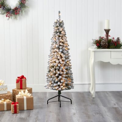Image showing  5 ft. Flocked Pencil Artificial Christmas Tree with Clear LED Lights and Bendable Branches