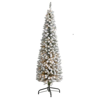 Nearly Natural 6 ft. Flocked Pencil Artificial Christmas Tree with Clear Lights and Bendable Branches