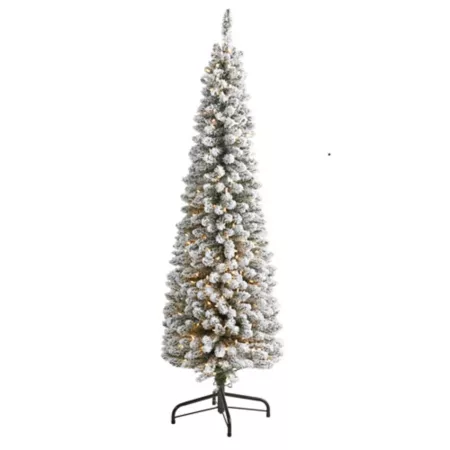 6 ft Nearly Natural Flocked Pencil Artificial Christmas Tree with Clear Lights and Bendable Branches Artificial Christmas Trees