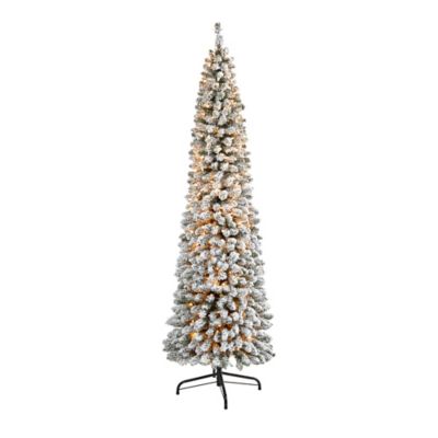 Nearly Natural 7 ft. Flocked Pencil Artificial Christmas Tree with Clear Lights and Bendable Branches