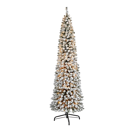 Nearly Natural 7 ft. Flocked Pencil Artificial Christmas Tree with Clear Lights and Bendable Branches
