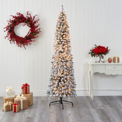 Image showing  7 ft. Flocked Pencil Artificial Christmas Tree with Clear Lights and Bendable Branches