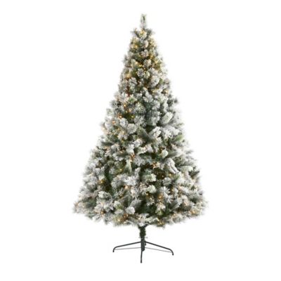 Nearly Natural 8 ft. Flocked Oregon Pine Artificial Christmas Tree with Clear Lights and Bendable Branches