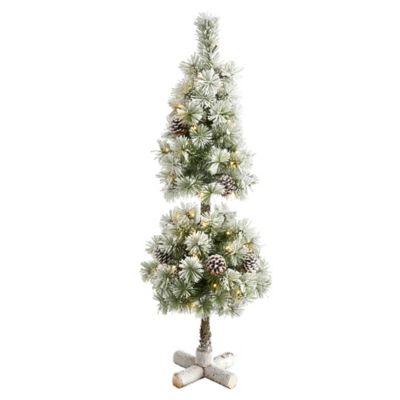 Nearly Natural 3 ft. Pre-Lit Flocked Artificial Christmas Tree Topiary with Pine Cones, Warm White LED Lights