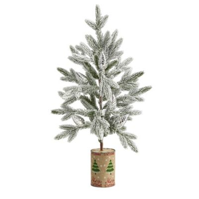 Nearly Natural 28 in. Flocked Artificial Christmas Tree in Decorative Planter
