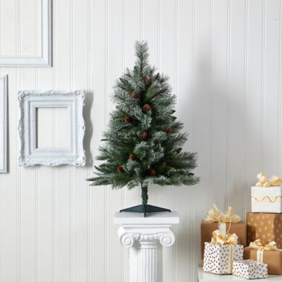 Image showing  3 ft. Pre-Lit Snowed French Alps Mountain Pine Artificial Christmas Tree with Bendable Branches and Pine Cones