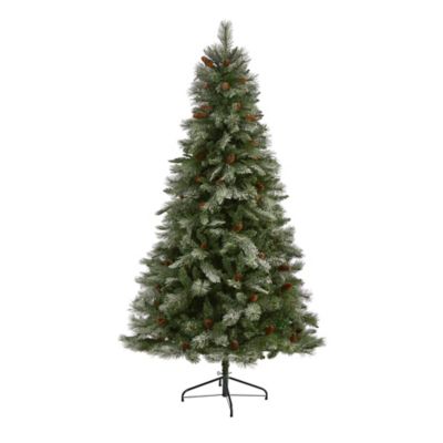 Nearly Natural 7 ft. Snowed French Alps Mountain Pine Artificial Christmas Tree with Bendable Branches and Pine Cones