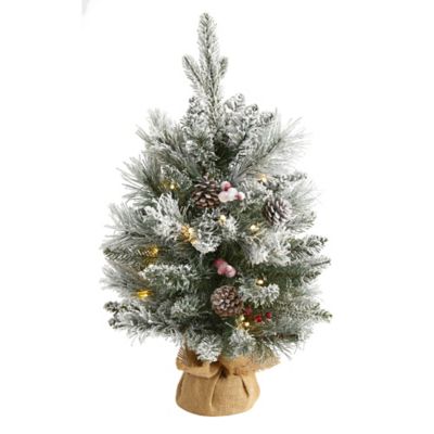 Nearly Natural 2 ft. Flocked Artificial Christmas Tree with Clear Lights, Bendable Branches, Pine Cones and Berries